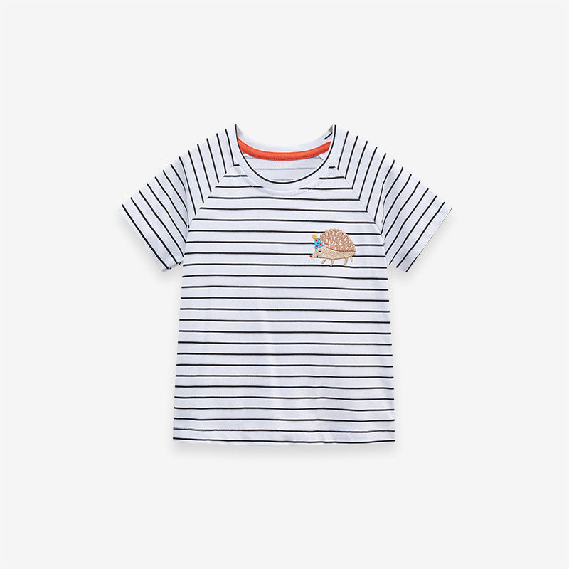 Baby Kids Girls Striped Hedgehog Logo Short Sleeves T-Shirt-0