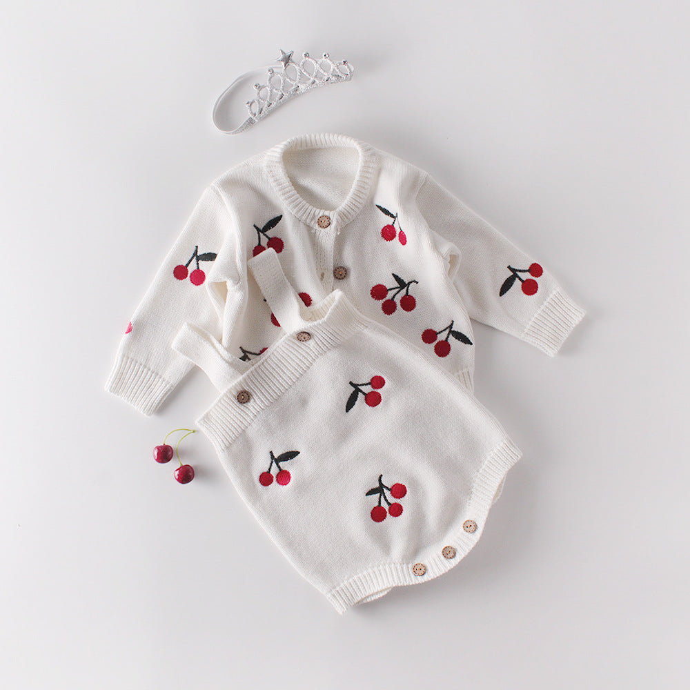 Baby Girl 1pc Cherry Embroidered Graphic Crotch Knitted Bodysuit &amp; Button Front Sweater Coat Sets-0