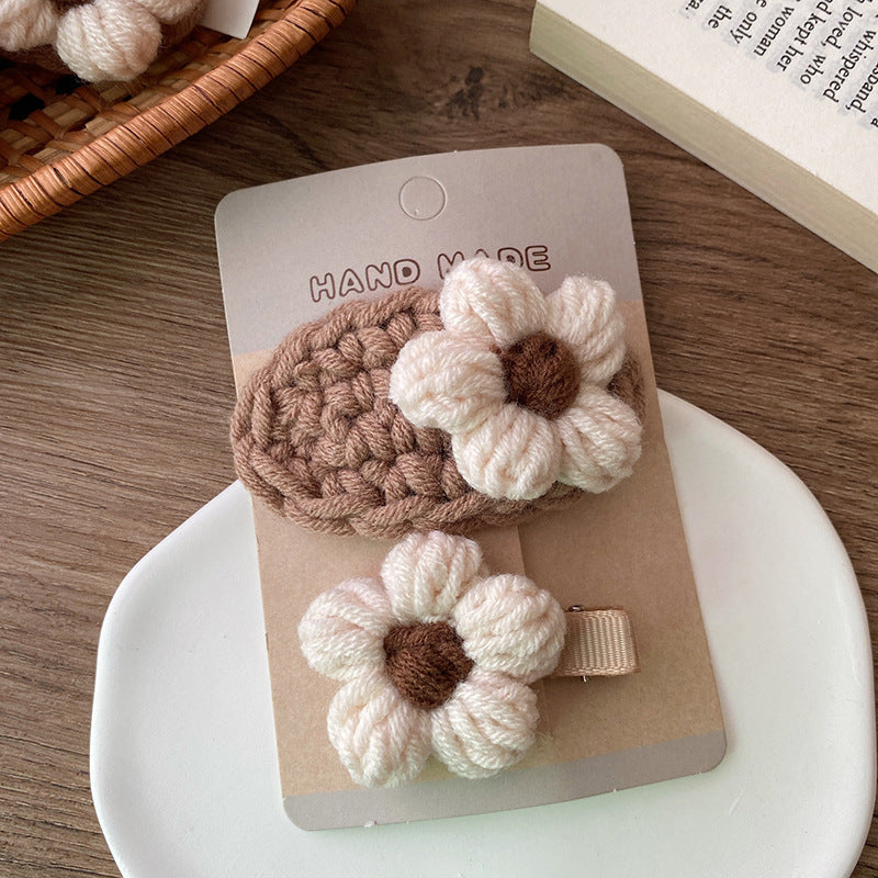 Adorable Handcrafted Knitted Hair Accessories For Children And Teens: Beige Floral Hair Clip And Plush Hairband-5