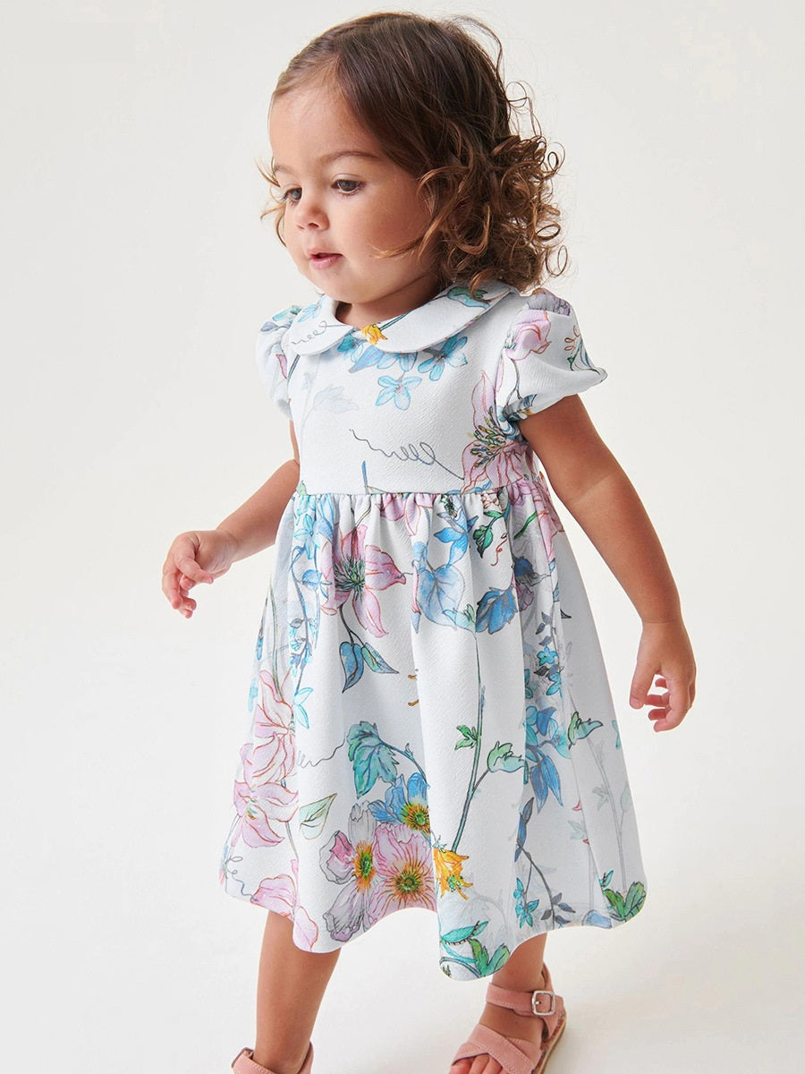 Spring And Summer Baby Girls Peter Pan Collar Short Sleeves Floral Dress-4