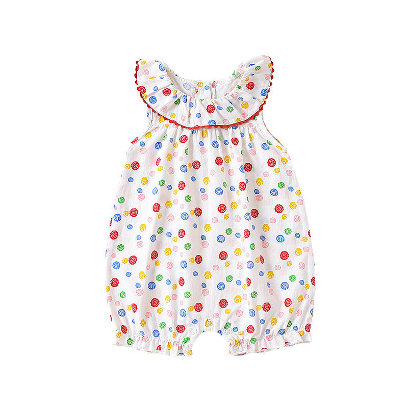 Baby Floral Pattern Ruffle Neck Sleeveless Rompers-5