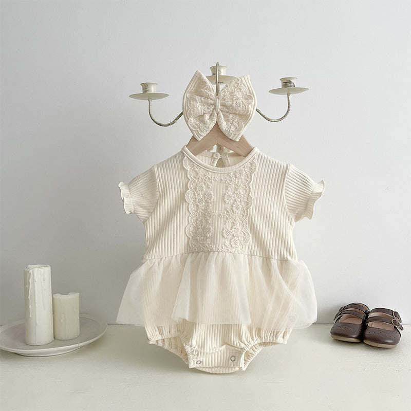 New Design Summer Baby Kids Girls Flowers Embroidery Lace Patchwork Crew Neck Short Sleeves Onesies-4