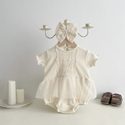 New Design Summer Baby Kids Girls Flowers Embroidery Lace Patchwork Crew Neck Short Sleeves Onesies-4