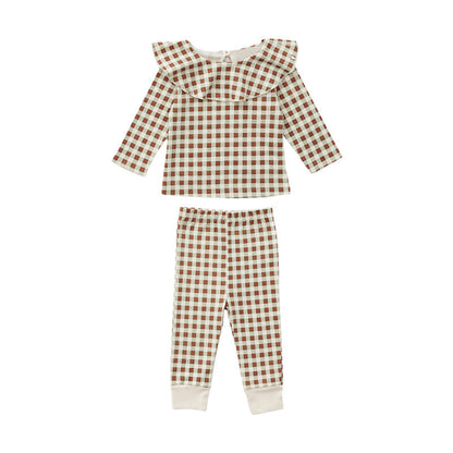 Baby Cartoon &amp; Plaid Pattern Ruffle Neck Design Long Sleeve Sets-5