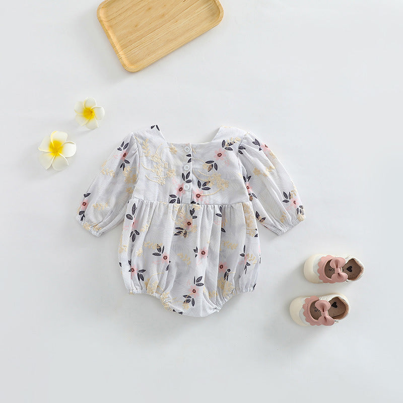 Baby Girl Floral Embroidered Pattern Square Collar Bodysuit-5