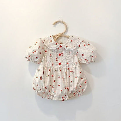 Baby Girl Floral Print Lace Patchwork Design Doll-Collar Onesies-0