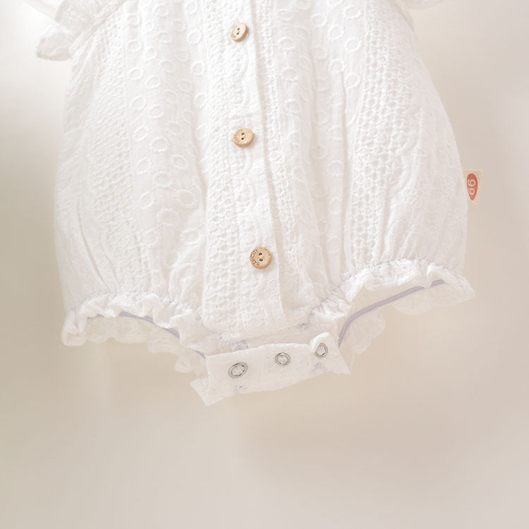 Baby Girl Lace Jacquard Design Solid Color With Lace Innocent And Lovely Onesies In Summer-4