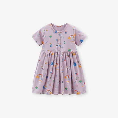 Spring And Summer Baby Girls Short Sleeves Rainbow Animals Floral Cartoon Print Dress-4