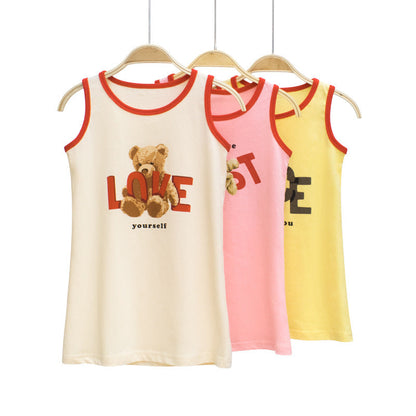 Baby Girl Bear Print Neck Color Matching Design Sleeveless T-Shirt In Summer-0