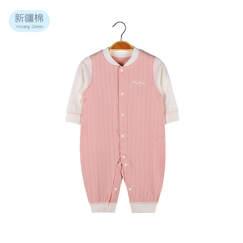 Baby Solid Color Pit Strip Fabric Single Breasted Design Cotton Jumpsuit Pajamas-5