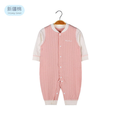 Baby Solid Color Pit Strip Fabric Single Breasted Design Cotton Jumpsuit Pajamas-5