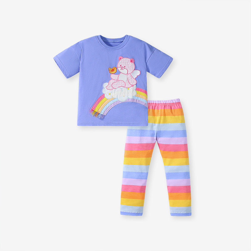 Summer Baby Kids Girls Rainbow Teddy Pattern Short Sleeves T-Shirt And Striped Pants Clothing Set-0