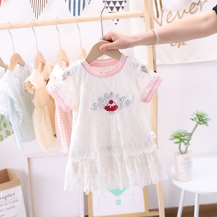 Summer Baby Girls Hot Selling Fashion Short Sleeves Lace Design Ice-Cream Pattern Dress-0