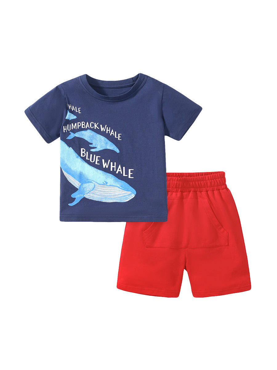 Baby And Kids Boys Whale Cartoon Short Sleeves Top And Shorts Casual Clothing Set-4