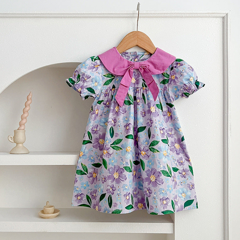 New Arrival Summer Girls Floral Print Short Sleeves Bow Design Collar Dress-4