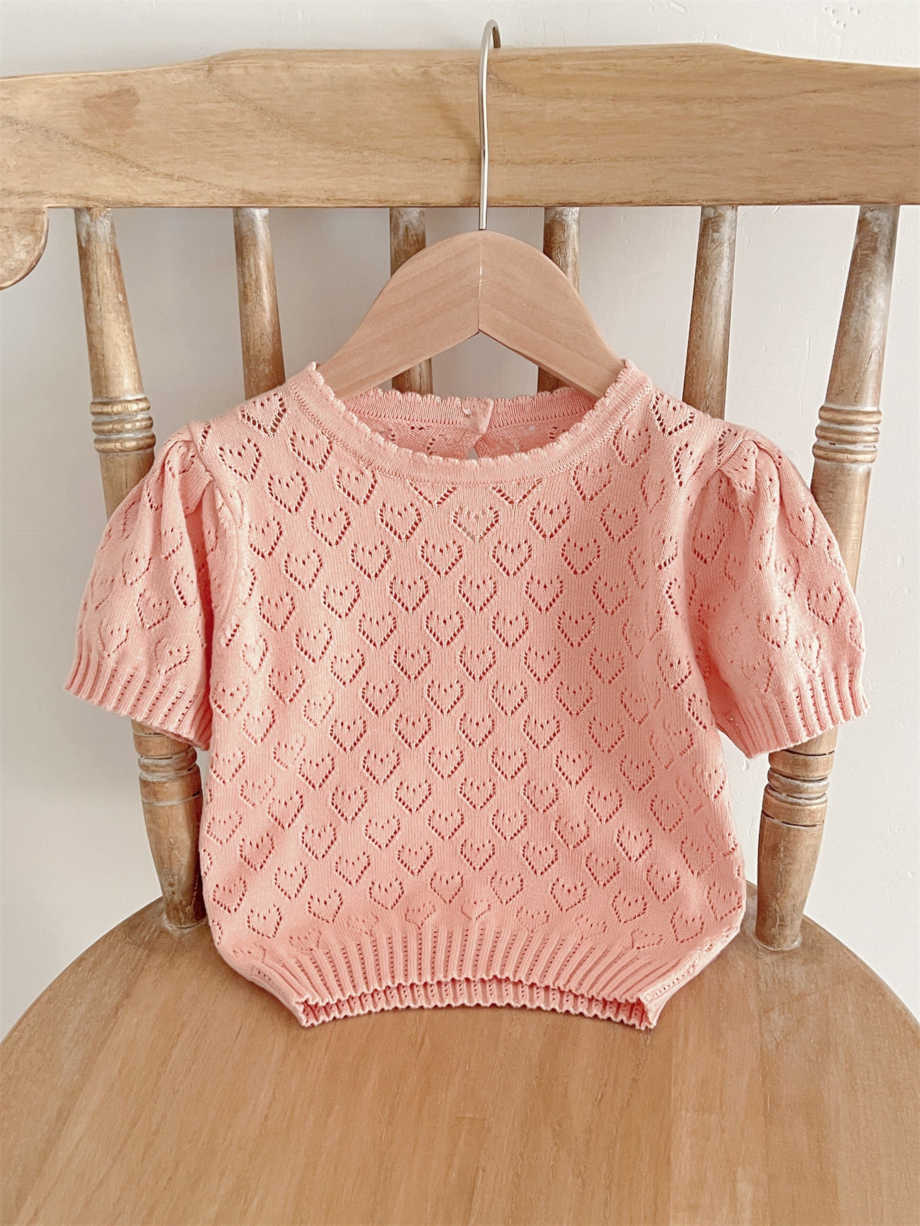 New Arrival Summer Baby Kids Girls Knit Hollow Out Heart Pattern Short Sleeves Top-1