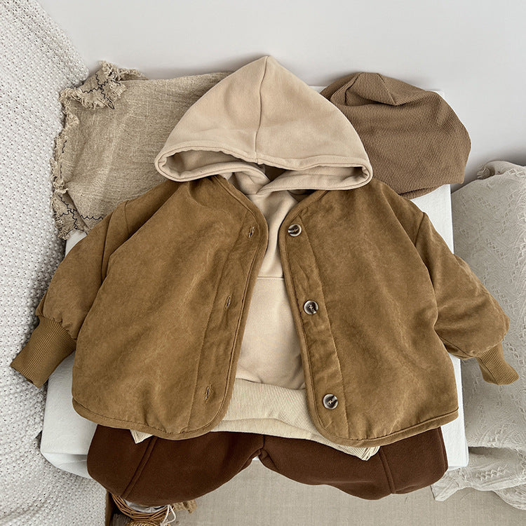 Baby Boy And Girl Vintage Style Lambswool Padded Thickened Jacket-4