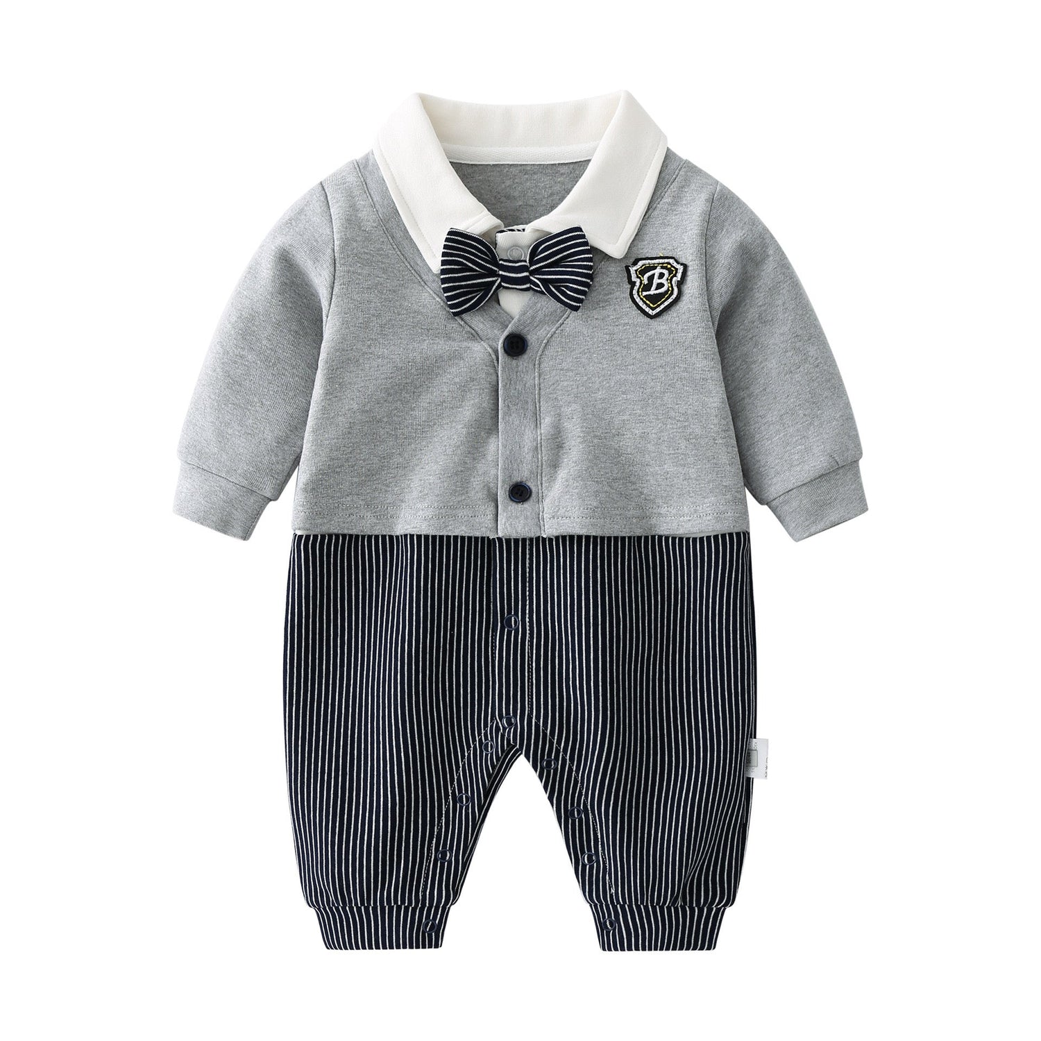 Baby Boy Badge Patched Pattern Striped Contrast Design Snap Button Front Bow Tie Rompers-0