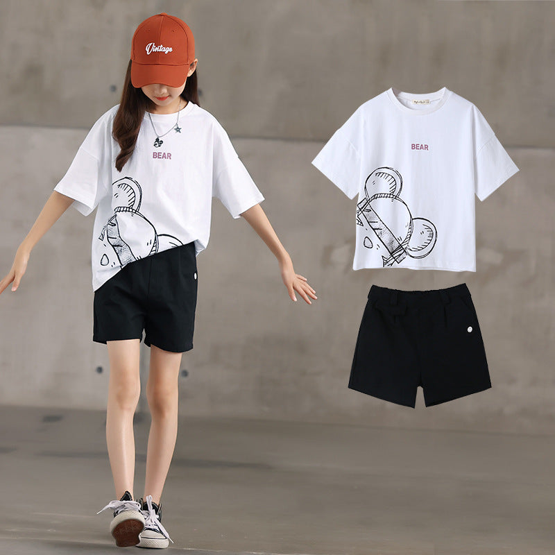 Summer Cheap Girls Abstract Teddy Print Short Sleeves T-Shirt And Smiling Face Logo Shorts Clothing Set-0