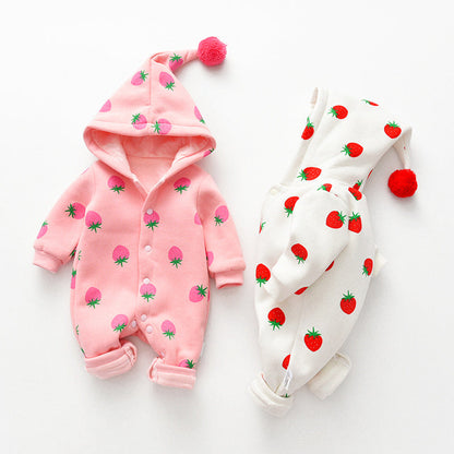 Baby Girl Strawberries Pattern Button Front Double Quilted Romper With Hat-4