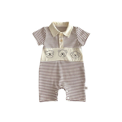 Summer New Design Short Sleeves Striped Turn-Down Collar Teddy Pattern Baby Rompers-2