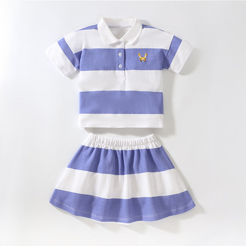 Baby Girl Striped Pattern Polo Neck Shirt With Skirt Sets In Summer-0