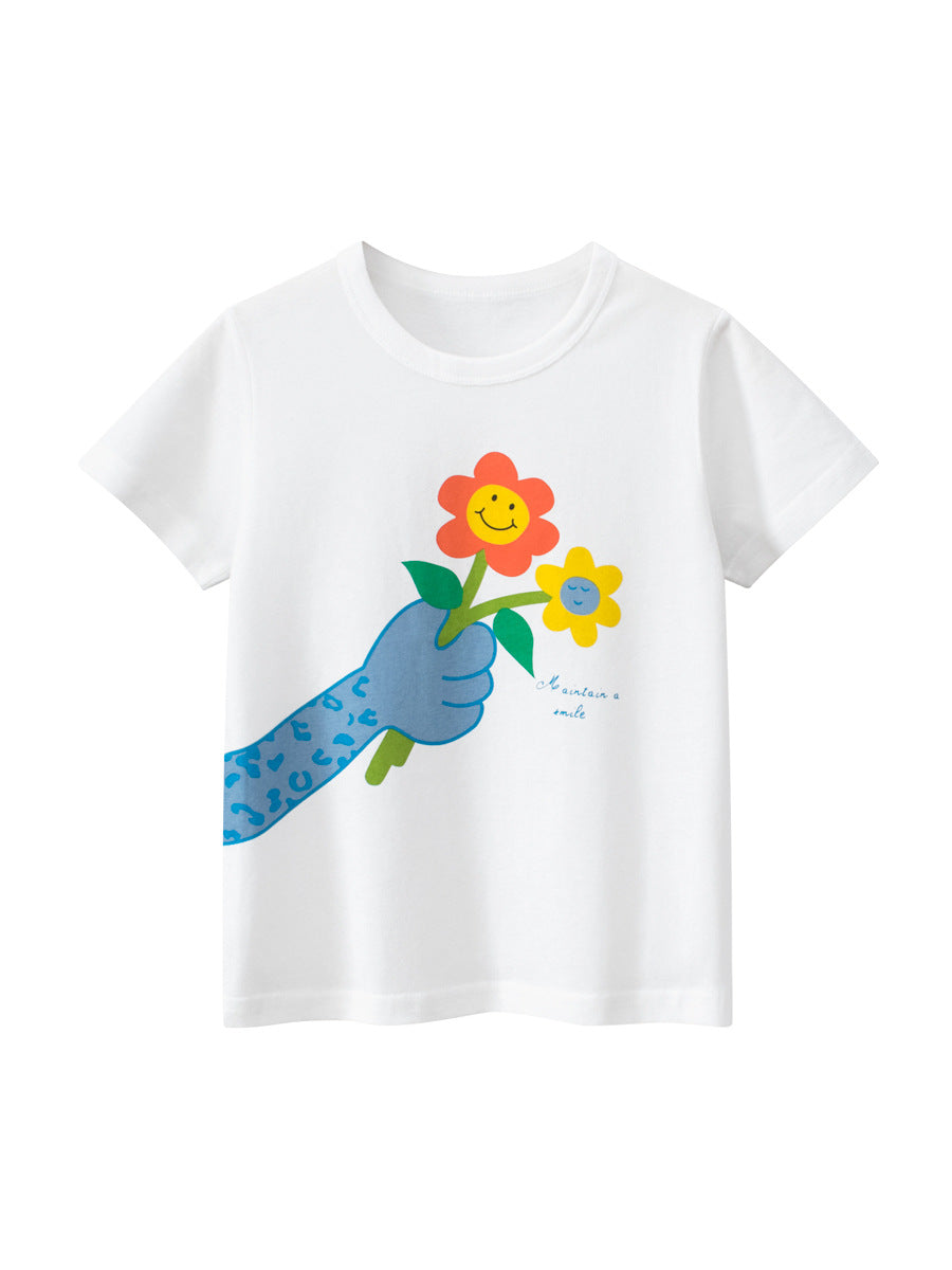 Flowers Cartoon Print Girls’ T-Shirt In European And American Style For Summer-0