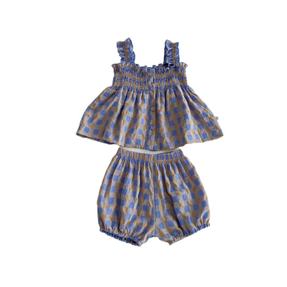 Summer Baby Kids Girls Plaid Strap Dress And Shorts 2-Piece Clothing Set-0