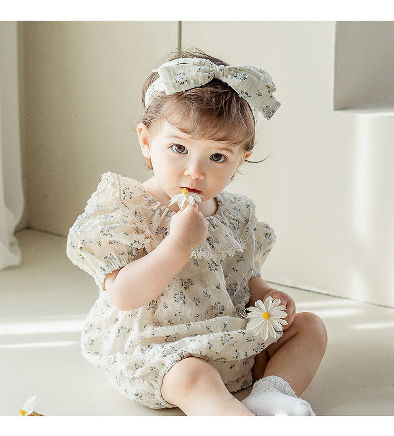 Baby Girl Flower Pattern Flying Sleeves Onesies &amp; Clothing Sets With Headband-5