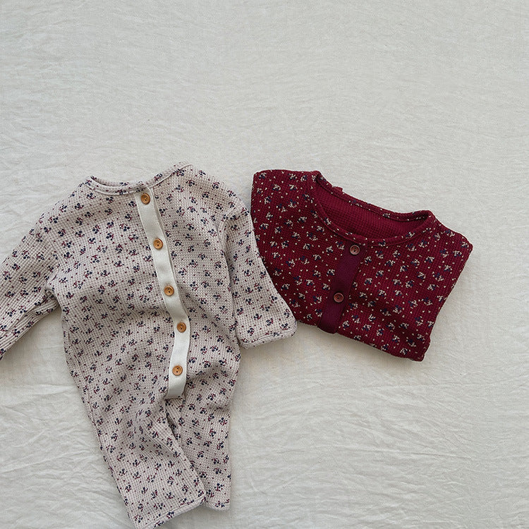 Baby Ditsy Flower Pattern Full Button Design Waffle Knit Rompers-4