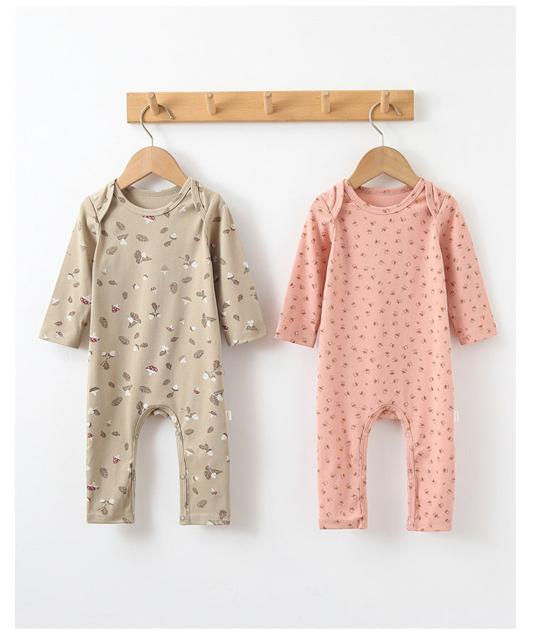 Baby Print Pattern Envelope Neckline Long Sleeved Soft Rompers Home Clothes-0