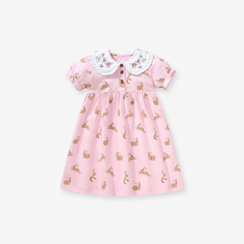 Baby Girls Peter Pan Floral Collar Short Sleeves Rabbits Pattern Dress-4