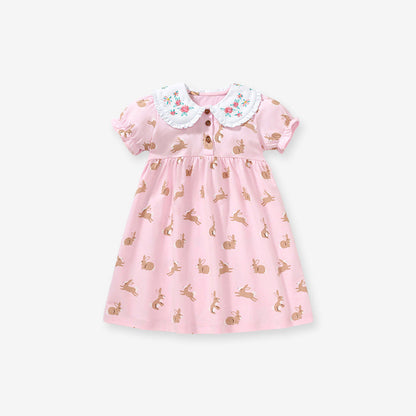 Baby Girls Peter Pan Floral Collar Short Sleeves Rabbits Pattern Dress-4