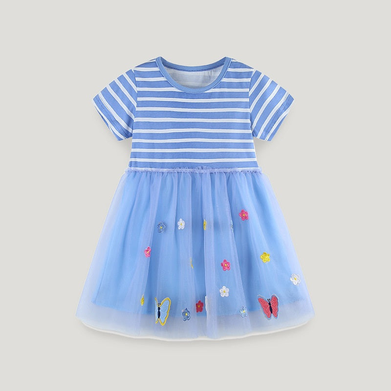 Girls Summer Striped Applique Short Sleeves Blue Mesh Design Dress-1