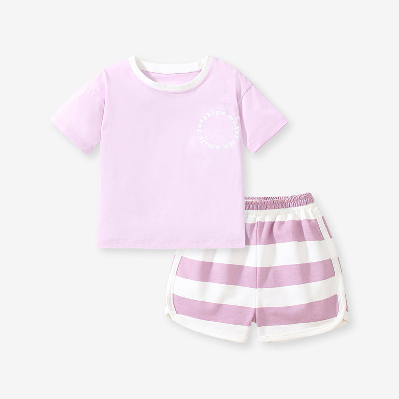 Baby And Kids Girls Purple Short Sleeves Top And Shorts Casual Clothing Set-0