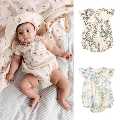 Summer New Arrival Baby Girls Plain Floral Print Fly Sleeves Crew Neck Onesies-0