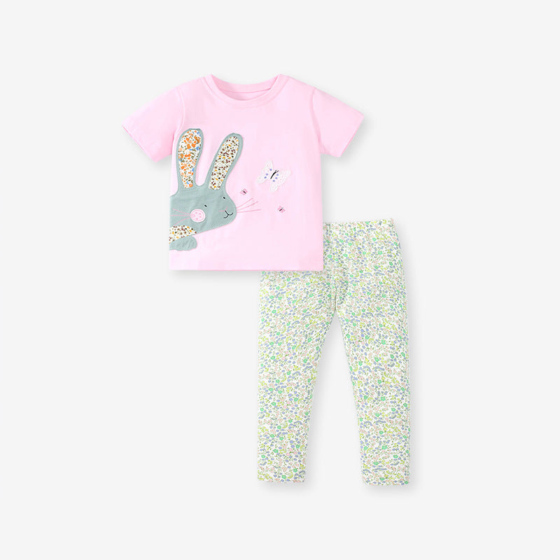 Baby Girls Kids Floral Rabbit Cartoon Pattern T-Shirt And Pants Two-Piece Set-4