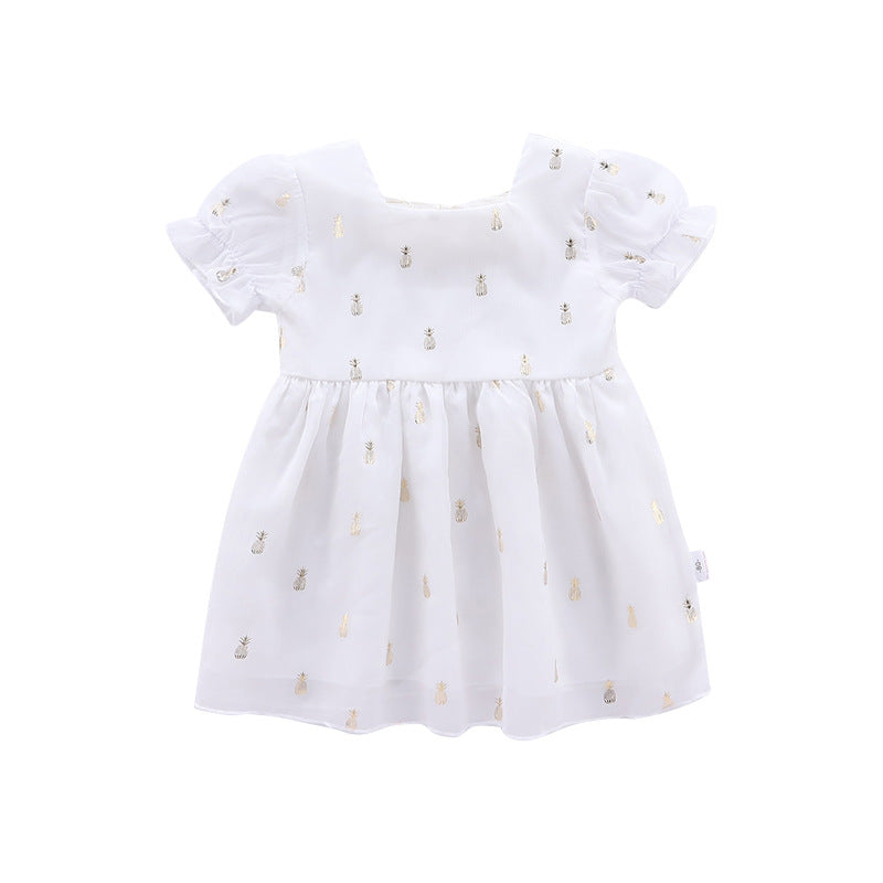 Summer Baby Kids Girls Short Sleeves Square Neck Pineapples Pattern Dress-1