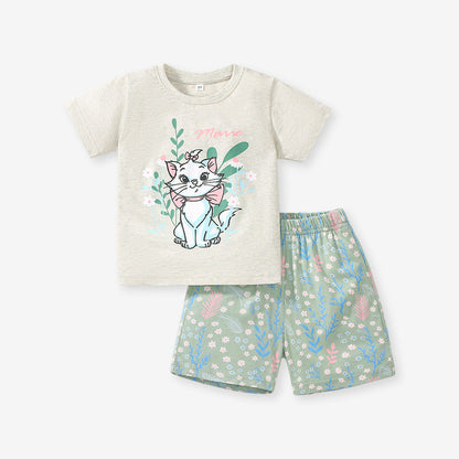 Summer Baby Kids Girls Cat Cartoon Top And Floral Shorts  Casual Clothing Set-0