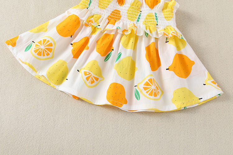 Baby Girl Lemon Fruit Print Sleeveless Dress Combo Short Pants In Sets-5