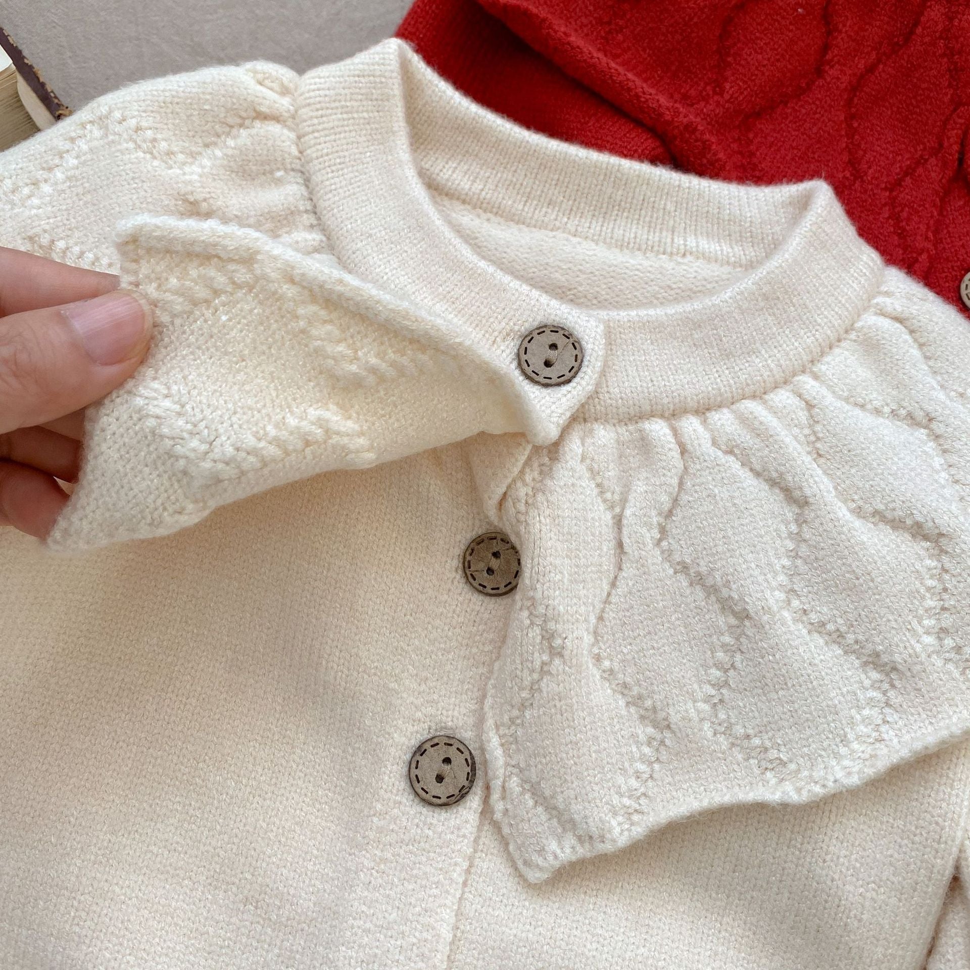 Baby Girl Solid Color Lapel Design Knit Cardigan-5