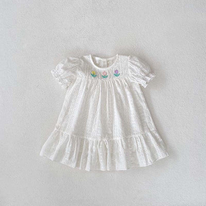 Summer Baby Girls Flowers Embroidery Pattern Hollow Out Short Sleeves Onesies-2