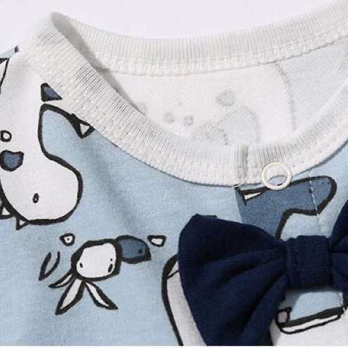 Baby Boy Dinosaur Pattern Bow Tie Patched Design Snap Button Romper Jumpsuit-5