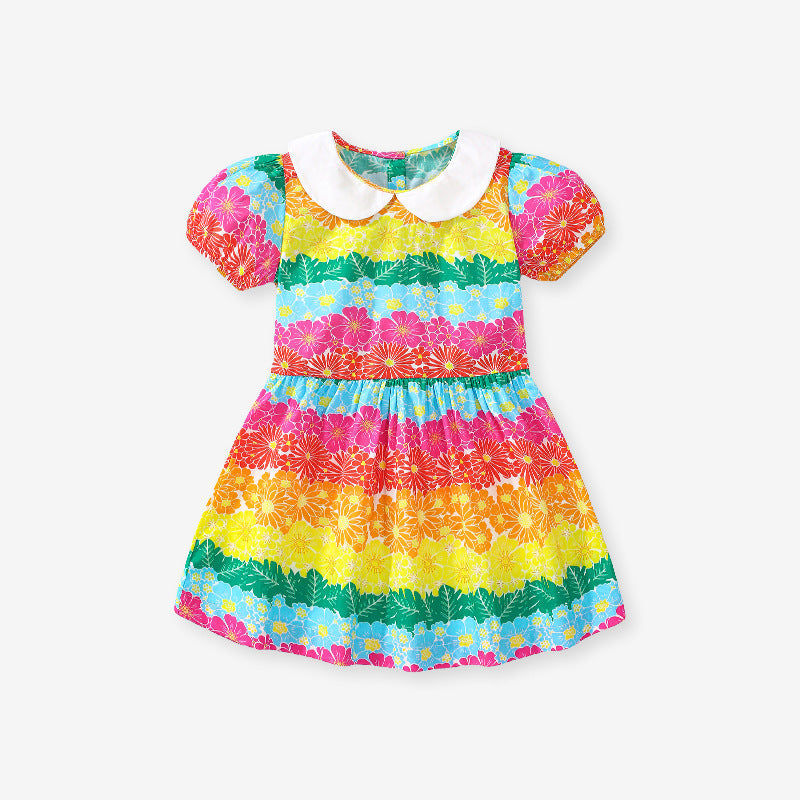 Summer Baby Kids Girls Short Sleeves Peter Pan Collar Colorful Flowers Print Dress-0