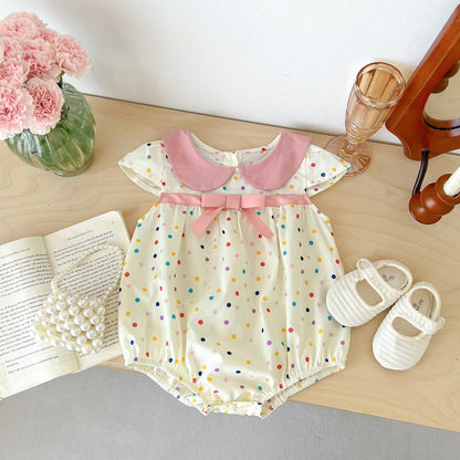 Hot Selling Summer Girls Colorful Dots Pattern Peter Pan Collar Thin Onesies-0