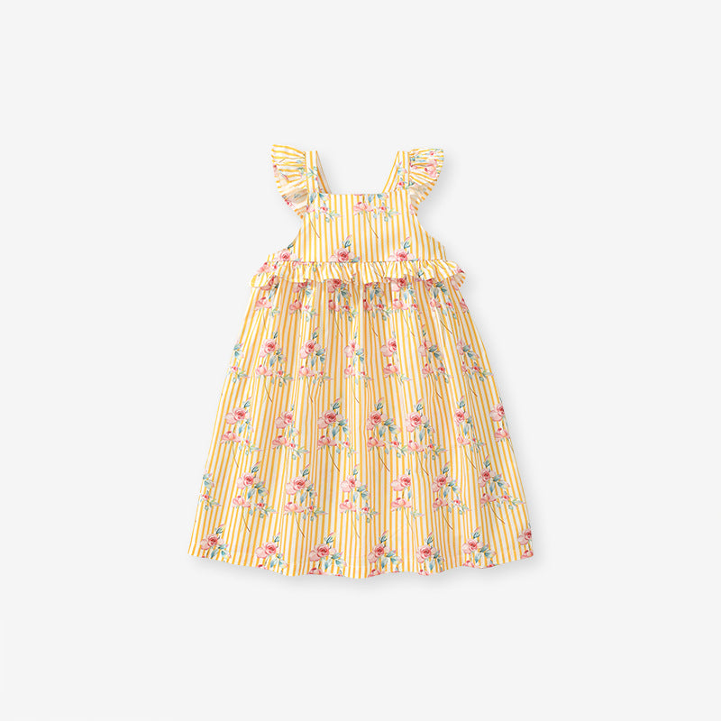 New Design Summer Girls Sleeveless Flowers Print Yellow Striped Strap Dress-1