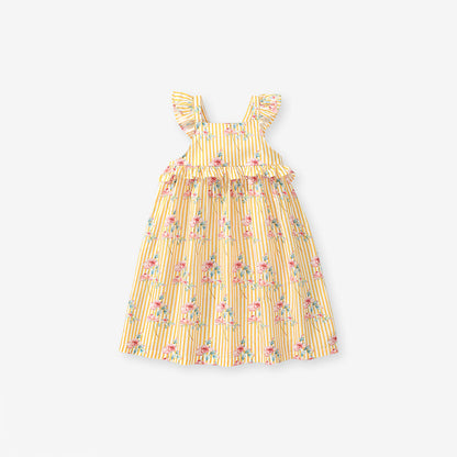 New Design Summer Girls Sleeveless Flowers Print Yellow Striped Strap Dress-1