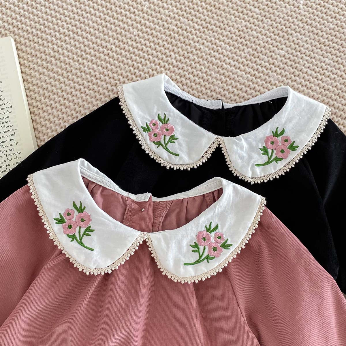 Newborn Baby Girls Peter Pan Floral Collar Long Sleeves Solid-5