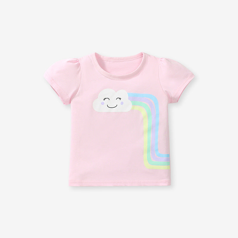 Crew Neck Rainbow Cloud Cartoon Girls’ T-Shirt In European And American Style For Summer-0