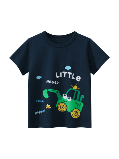 Boys’ Cartoon Excavator Print T-Shirt In European And American Style-0